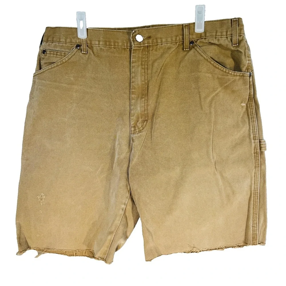 Dickies Shorts Mens 38 Brown Cargo Relaxed Fit Distressed Raw Hem Canvas